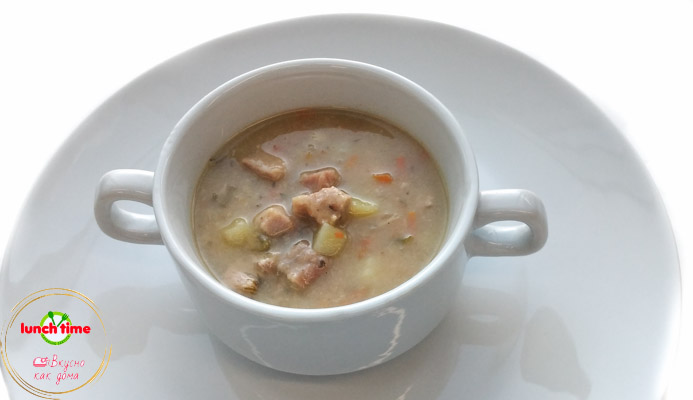Суп гороховый со свининой (картофель, горох, свинина, лук, морковь, перец молотый) 350 мл. ланч тайм